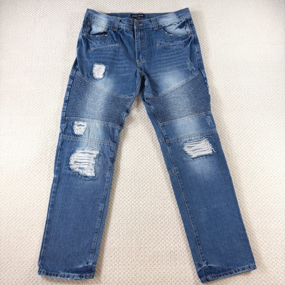 Mens Distressed Biker Jeans 36/32 Modern Culture Blue Moto Ribbed Motorcycle